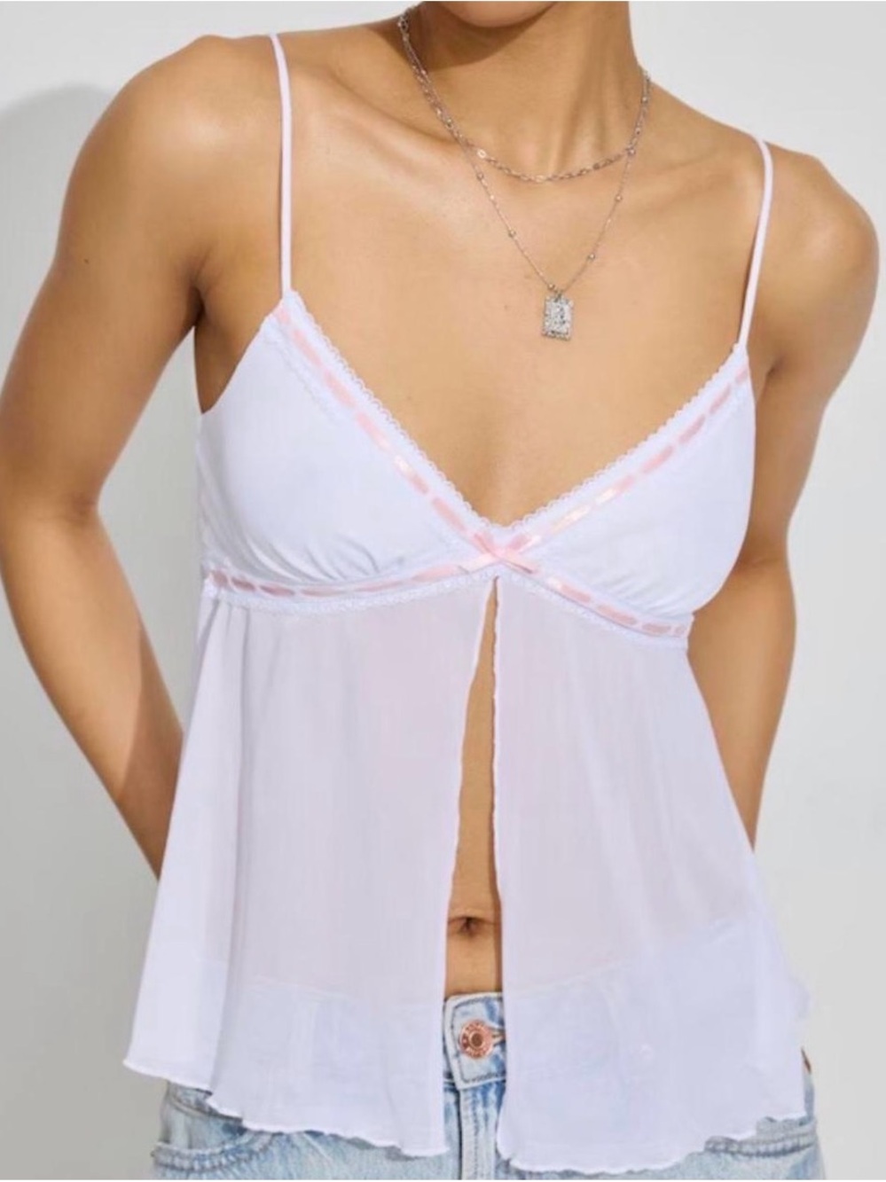 Garage White & Light Pink Sheer Lace-Trim Babydoll Camisole